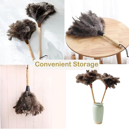 Ostrich Feather Dusters, Naturally Soft, Easy to Dust, Multi-Purpose Use, Solid Wood Handle, 17.3'' Long, Gray