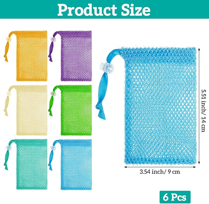 6 Pack Mesh Soap Bags Colorful Soap Bags for Soap Bars with Flexible Drawstring, Exfoliating Foaming Net Gentle Exfoliation and Rich Lather for Store Bath Products Body Facial Shower Cleaning