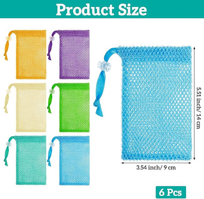 6 Pack Mesh Soap Bags Colorful Soap Bags for Soap Bars with Flexible Drawstring, Exfoliating Foaming Net Gentle Exfoliation and Rich Lather for Store Bath Products Body Facial Shower Cleaning