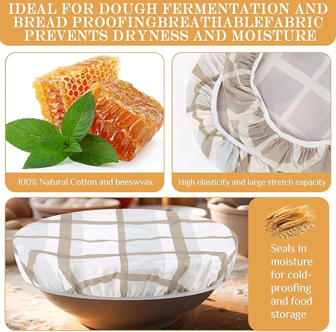 Hahafelt 4 Pcs Beeswax Bowl Covers Reusable Bowl Covers for Bread Proofing 10 Inch Elastic Cotton Cloth Sourdough Caps Stretchy Food Caps Leakproof Fresh for Dough Proofing and Food Storage(Plaid)