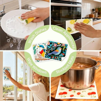 Swedish Dishcloths for Kitchen, 5 Pack Floral Bird Reusable Paper Towels with 3 Hooks, Washable Dish Cloth Set, Absorbent Cleaning Cloth for Home Washing Dishes Housewarming Gifts for Friend