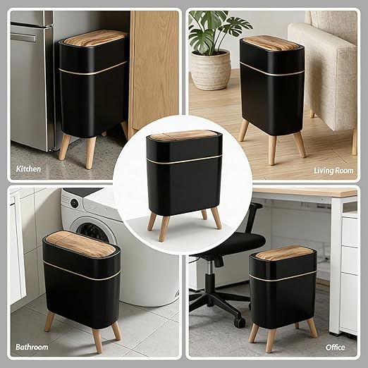 suyika Automatic Trash Can, 2.6 Gallon/10L Bathroom Trash Can with Lid - Wood Grain Lid and Legs, Touchless Waterproof Garbage Bin for Bedroom, Bathroom, Office, Living Room