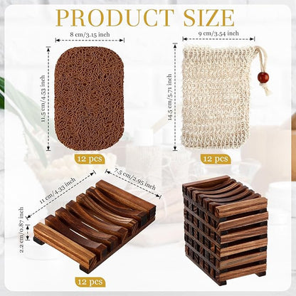 Baderke 36 Pcs Soap Saver Set for Packaging Gift Including Wooden Dish Holder Exfoliating Bag with Drawstring Soap Pads for Mother's Day Bar Wedding Baby Shower Homemade Gift(Brown Color)