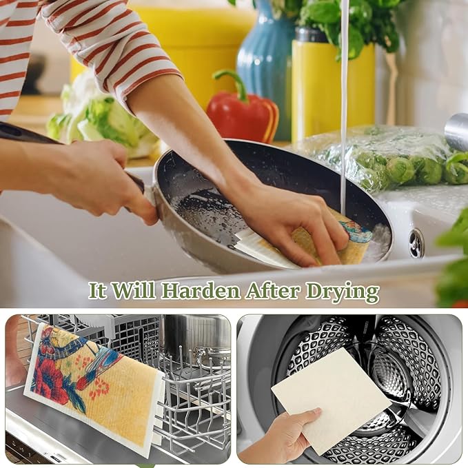 6Pcs Swedish Dishcloths for Kitchen, Quick-Drying Reusable Paper Towels, Absorbent Washable Kitchen Dish Rags, Soft Cellulose Sponge Cloths for Countertop Sink Flower Bird (6pcs Birds)