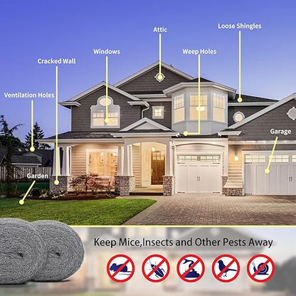 Steel Wool for Mice Control - 3 Pack of 3×10Ft Steel Wool, Gap Filter for House & Garage - Keep Mice Away from Holes，Siding，Pipeline，Vents in Garden, House, 7.04oz (3, 100g)
