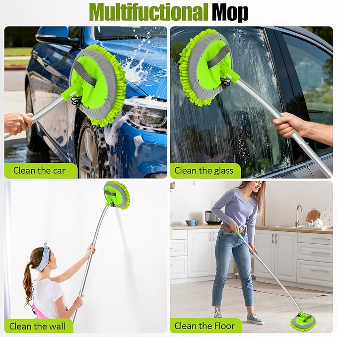 15° Curved Car Wash Brush with Long Handle 43" Extension Cleaning Mop Exterior Interior Carwash Duster 3-Section, 90° Pivoting Extralarge Microfiber Head for Scratch-Free Car, SUV & Truck