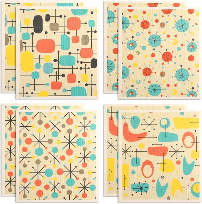 8 Pcs Swedish Dishcloths Kitchen Dish Towel Reusable Washable Kitchen Towels Nordic Nature Retro Mid-Century (Retro Atomic)