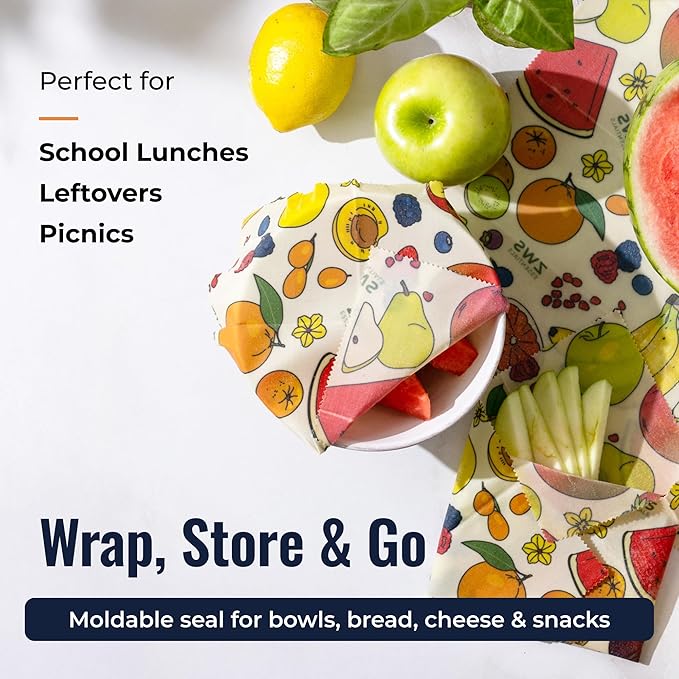 Beeswax Wraps, Reusable Cotton Food Storage Set for Kitchen, Lunch, Bread, Snacks, Bowls. Eco-Friendly Plastic-Free Alternative. 3-Pack Assorted - Fruits by Zero Waste Store