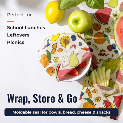 Beeswax Wraps, Reusable Cotton Food Storage Set for Kitchen, Lunch, Bread, Snacks, Bowls. Eco-Friendly Plastic-Free Alternative. 3-Pack Assorted - Fruits by Zero Waste Store