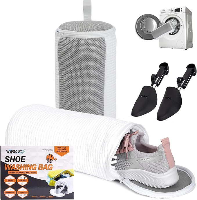 Shoe Washing Machine Bag, 2 Pcs Cylindrical Laundry Shoe Bag for Washer and Dryer with Adjustable Shoe Trees, 360 Deep Cleaning Sneaker Washing Bag with Zipper, Fits All Shoe Types and Sizes, White