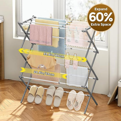 KINGBOARD Clothes Drying Rack, Collapsible Drying Rack Clothing with 11 Poles, 3-Tier Laundry Drying Rack, Small Clothes Drying Rack Foldable for Baby Clothes, 25lb Capacity, White & Grey