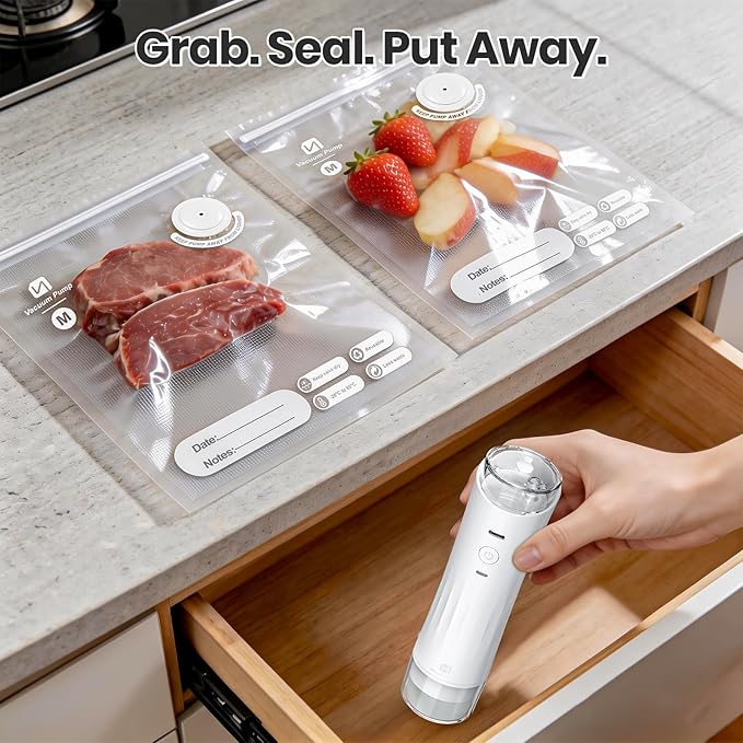 Compact Vacuum Sealer for Food: Handheld Vacuum Sealer with 15 Reusable Bags for Seal Meal Saver, Visible Water Tank Portable Food Sealer, Gifts for Mom, Wife, Chef