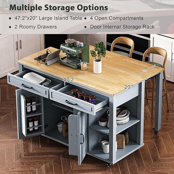 47" Kitchen Island with Extendable Dining Table, Movable Farmhouse Kitchen Islands with Storage Rack, Power Outlet, Island Table on Wheels with 2 Storage Drawers & 2 Cabinets, Grey Blue
