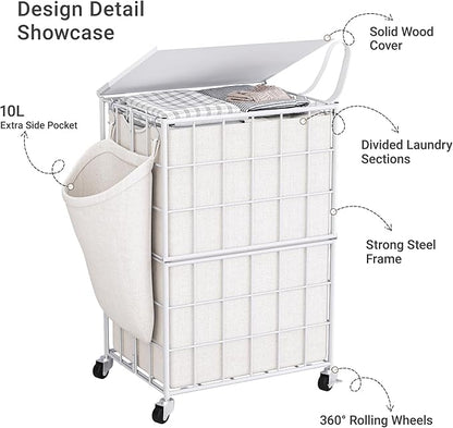 90L Laundry Basket with Wheels, Large Capacity Laundry Hamper with Removable Liner Bags, Heavy Duty Laundry Sorter with Solid Wood Lid & Leather Handles, White