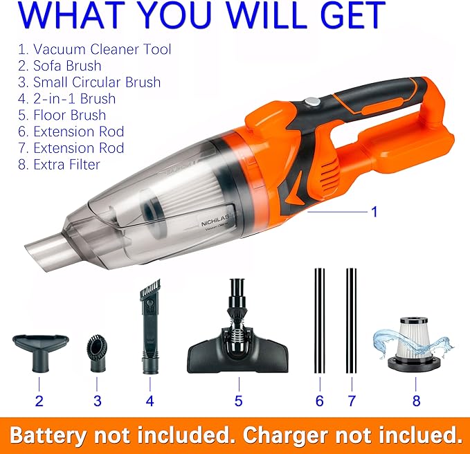 Nichilas Cordless Vacuum Cleaner Handheld Stick Vacuum Cleaner 10kPa Powerful Suction 4 Different Heads for Home Pets Floor Car, Compatible with DEWALT 20V MAX Batteries (NO Battery)