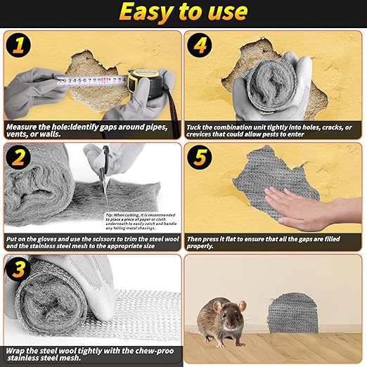 Steel Wool Mice Control, 6 Pack 3.2" x60 FT #0 Steel Wool & 1 Pack 5" x30 FT Wire Mesh, Medium Stainless Steel Wool Keep Mouse Away from Hole,Barrier and Gap Filler for Home Garden Kitchen Pipeline