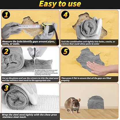 Steel Wool Mice Control, 6 Pack 3.2" x60 FT #0 Steel Wool & 1 Pack 5" x30 FT Wire Mesh, Medium Stainless Steel Wool Keep Mouse Away from Hole,Barrier and Gap Filler for Home Garden Kitchen Pipeline