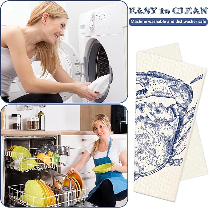 Whaline 6 Pcs Summer Swedish Dishcloths Cotton Kitchen Towels Octopus Seahorse Starfish Turtle Jellyfish Reusable Absorbent Dish Towels for Ocean Birthday Party Housewarming Cleaning, 7 x 8 Inch