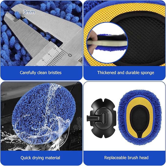SLIIMU Max 66'' Car Wash Brush with Long Handle & 15° Curved Extension Pole, Microfiber Soft Car Wash Mop Cleaning Tool Kit Include Replacement Head, Towel, Mitt for Clean RV SUV Truck