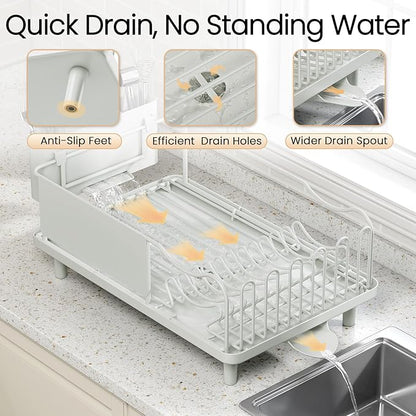 Dish Drying Rack Large Capacity - Stainless Steel Dish Rack for Kitchen Counter with Drain Board, Rustproof Dish Drainer with Auto Drain Spout, Utensil Holder & Glass Holder, Dinnerware Organizer