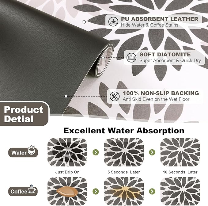 Findosom Floral Dish Drying Mat, 16" x 24" Super Absorbent & Hide Stain Coffee Mat, Cuttable Drying Mat for Kitchen Counter, Under Dish Rack, Coffee Maker, Espresso Machine, Dark Gray