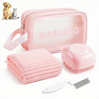 4PCS Dog Bath Kit & Dog Brush Kit for Dogs & Cats - Professional Pet Grooming Tools Set with Shedding Brush, Bath Scrubber, Dematting Comb & Storage Bag - Complete Dog Washing Essentials, Pink