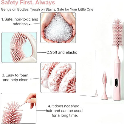 Rechargeable Electric Bottle Brush with 2 Speeds Powerful Automatic Bottle Cleaner,BPA-Free Silicone Spinning Design, Wall Mount & Straw Cleaner,Suitable for Baby Bottles & Kitchen (Pink+Pink)