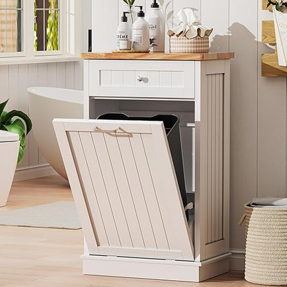 AHB 13 Gallons Tilt Out Trash Cabinet, Hidden Trash Can Cabinet Kitchen Wooden Tilt Out Pet Proof Hidden Trash Bin for Kitchen Living Room, White