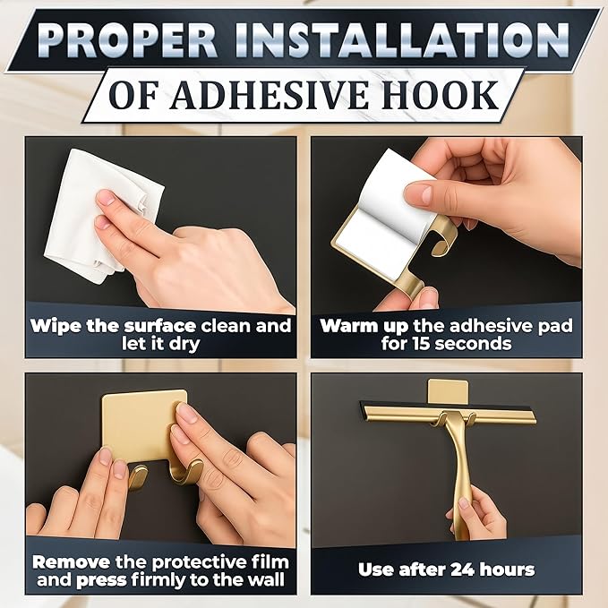 10 Inch Shower Door Squeegee - Gold Squeegee for Shower Glass with Stainless Steel Body, Silicone Blade, Adhesive & Hanging Hooks for Streak-Free Mirror, Tile, Window, Bathroom, Car, Everyday Home Use