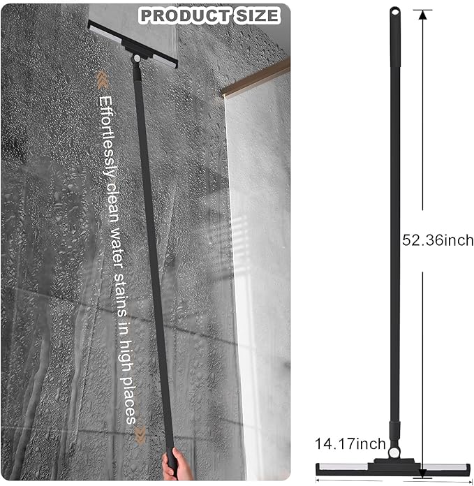 Floor Squeegee Broom - 52" Long Handle Rubber Scrubber for Bathroom, Tile, Shower, Glass, Pet Hair, Hardwood Floor - Adjustable Long Handle, Water Wiper with Replacement Blade (Black)