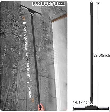 Floor Squeegee Broom - 52" Long Handle Rubber Scrubber for Bathroom, Tile, Shower, Glass, Pet Hair, Hardwood Floor - Adjustable Long Handle, Water Wiper with Replacement Blade (Black)