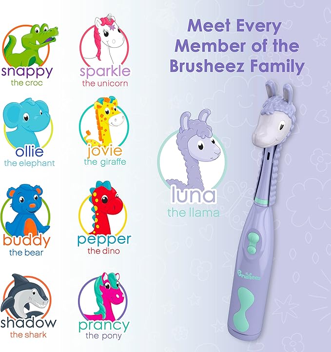 Brusheez Kids’ Electric Toothbrush Set - Safe & Effective for Ages 3+ - Parent Tested & Approved with Gentle Bristles, 2 Brush Heads, Rinse Cup, 2-Minute Timer, & Storage Base (Luna the Llama)