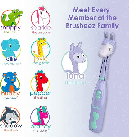 Brusheez Kids’ Electric Toothbrush Set - Safe & Effective for Ages 3+ - Parent Tested & Approved with Gentle Bristles, 2 Brush Heads, Rinse Cup, 2-Minute Timer, & Storage Base (Luna the Llama)