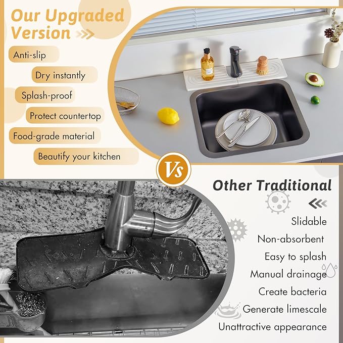 U Shape Sink Draining Mat Behind Faucet, Super Absorbent Diatomite Fast Drying Stone, Quick Drying Splash Guard, Prevents Moisture Buildup, Around Faucet Drip Mat for Kitchen Bathroom Counter, White