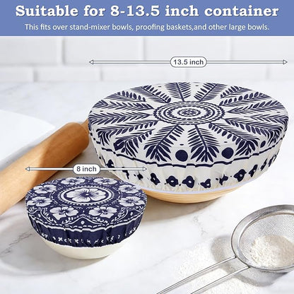 2 Large Reusable Beeswax Bowl Covers for Bread Proofing, 10/12 Inch Elastic Beeswax Wraps Cotton Cloth Sourdough Bowl Covers for Proofing Baskets, Mixer Bowls, Food Storage Containers