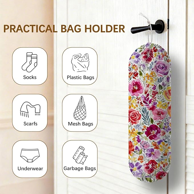 Plastic Bag Holder Dispenser, Plastic Grocery Bag Organizer & Wall Mount Paper Trash Bags Saver Storage for Kitchen Home Pantry Decor, Colorful Floral Kitchen Decor Shopping Bags Storage Dispenser