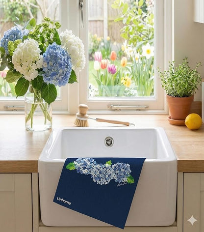 Garden Collection Hydrangea Swedish Dishcloth, Reusable Paper Towel, Super Absorbent Cellulose Sponge, Kitchen Cleaning Cloth, Washable & Compostable (Blue Hydrangea - 4 Pack)