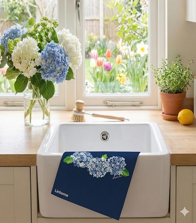 Garden Collection Hydrangea Swedish Dishcloth, Reusable Paper Towel, Super Absorbent Cellulose Sponge, Kitchen Cleaning Cloth, Washable & Compostable (Hydrangea Bunch - 1 Pack)