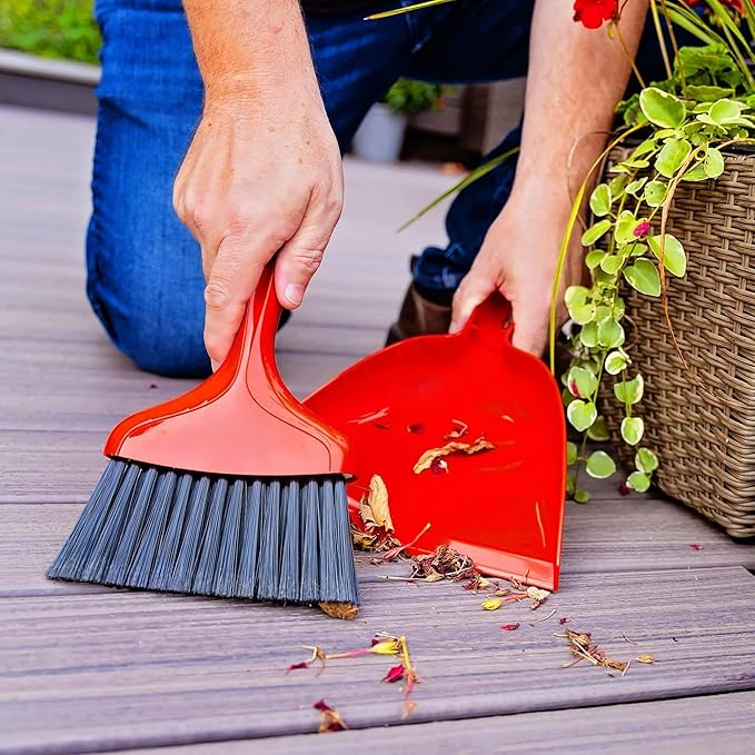 Heavy Duty Whisk Broom Dustpan Combo with Red Handle and Black Fibers, 10.25-inch Wide dust pan Opening with 6.75-inch Wide Broom