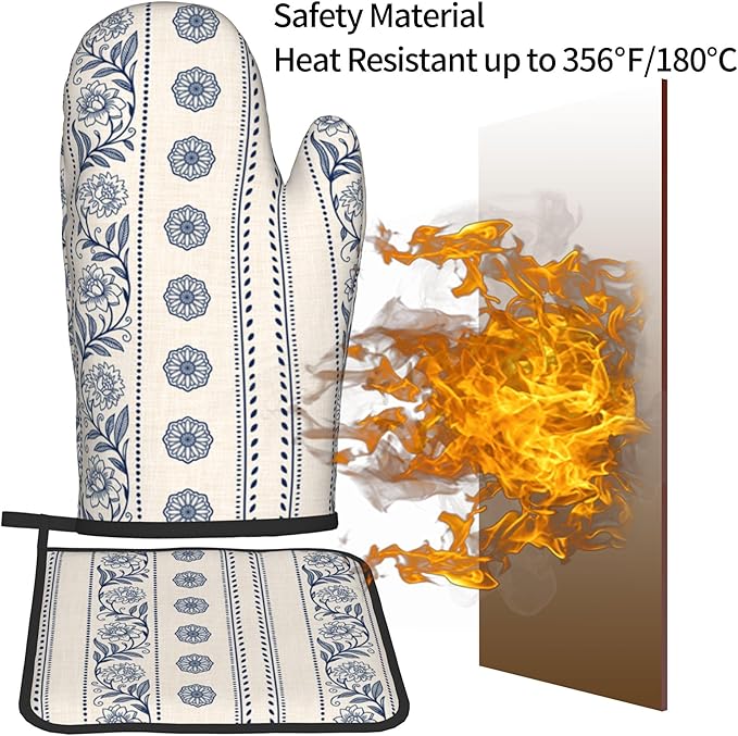 Boho Oven Mitts Set – Vintage Floral Pot Holders Kitchen Gloves for Women Bohemian Kitchen Mitts Potholders Set of 2 Durable for Cooking & Baking