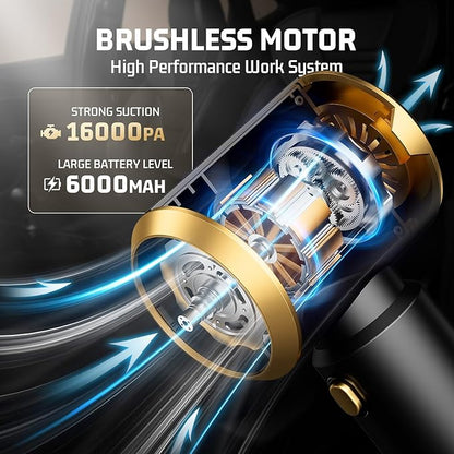Cordless Car Vacuum Cleaner: Handheld Vacuum with 16000Pa Strong Suction, Brushless Motor & HEPA Filter, 7-in-1 Cleaning Kit, Type-C Charging for Home Office Car Pet - Cinder