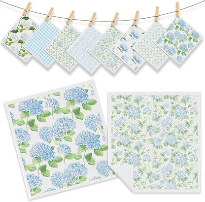 Tegeme 8 Pcs Blue Hydrangea Swedish Themed Dishcloth Spring Summer Watercolor Hydrangea Floral Kitchen Dish Towel Absorbent Cotton Reusable Towel for Home Party Housewarming Counter Wipe, 6.8 x 7.7''