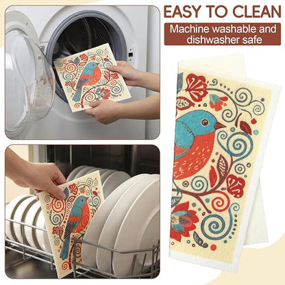 Tegeme 12 Pack Sweden Dishcloths 6 Patterns Super Absorbent Reusable Quick-Drying Washable Sponge Cloths for Kitchen Dishwashing Counters Household Cleaning Durable(Birds and Flowers)