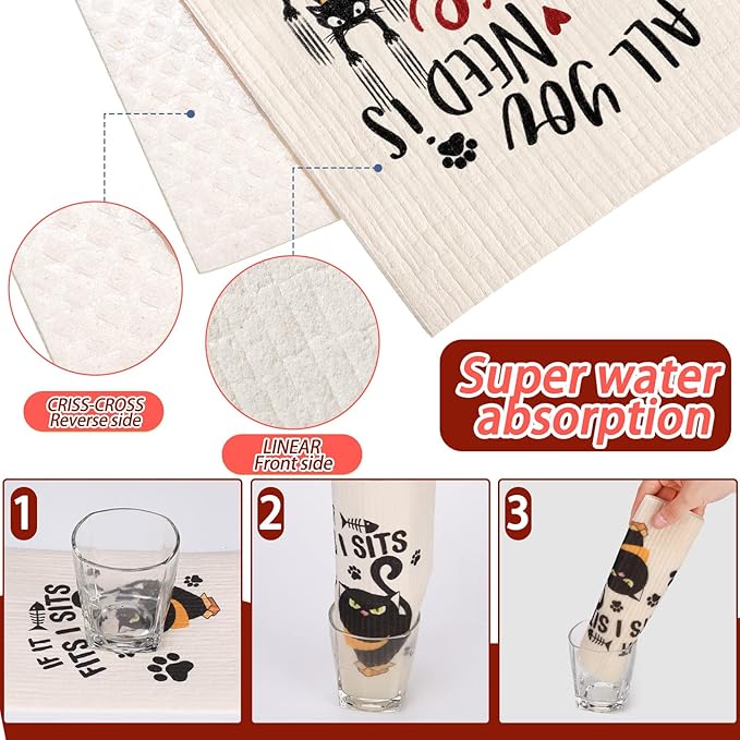 Hoolerry 6 Pcs Funny Black Cat Swedish Kitchen Dishcloths, Reusable Sponge Swedish Cleaning Cloths Washable Dish Cloths Absorbent Christmas Decorative Kitchen Towels Housewarming Gift for Bathroom