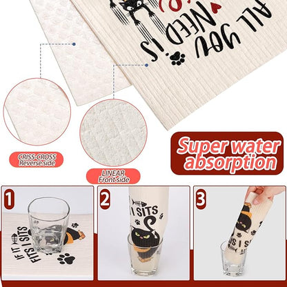 Hoolerry 6 Pcs Funny Black Cat Swedish Kitchen Dishcloths, Reusable Sponge Swedish Cleaning Cloths Washable Dish Cloths Absorbent Christmas Decorative Kitchen Towels Housewarming Gift for Bathroom