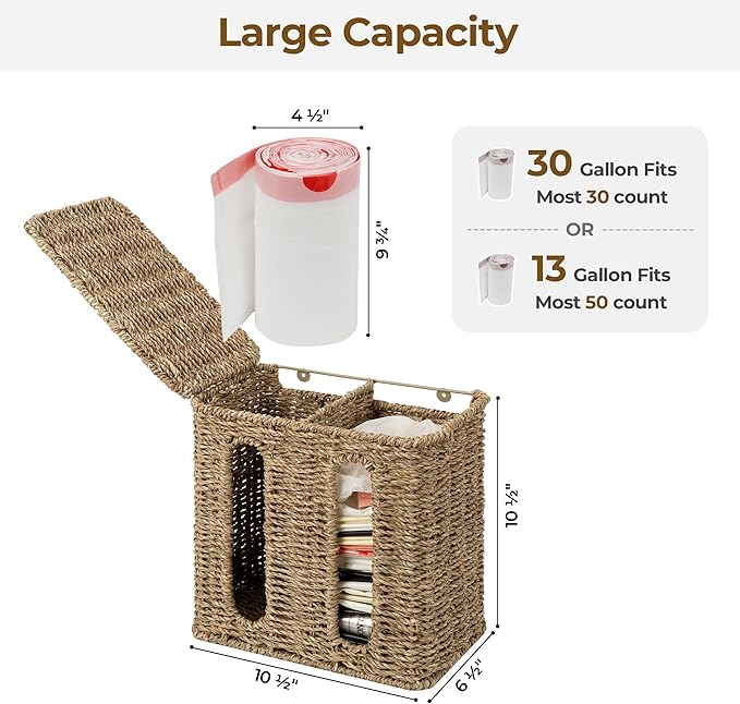 StorageWorks Garbage Bag Dispenser with Lid, Wall Mount Seagrass Plastic Bag Holder for Kitchen, Cabinet, Countertop, 2 Slots