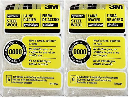 3M Synthetic Steel Wool Pads, 6-Pad, Use Wet Or Dry, Compatible with Water-Based Strippers & Finishes, Will Not Shred, Splinter Or Rust Like Steel Wool Does, Rinse and Reuse (10119NA) (Pack of 2)