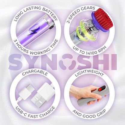 Synoshi PRO Electric Spin Scrubber with Long Handle & Cone Brush Heads – Cordless Shower Scrubber, Bathroom Cleaning Brush, Adjustable Angles, 2 Speeds Power Scrubber for Tub, Floor & Tile
