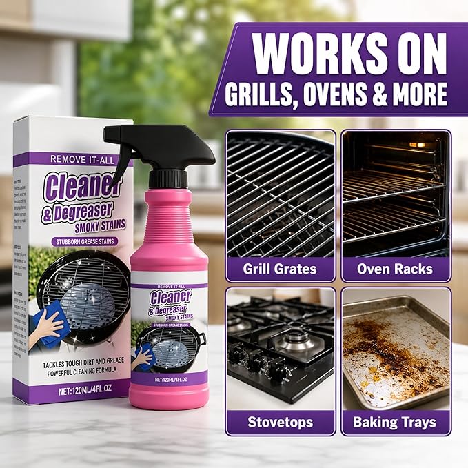 Fast-Acting Grill Cleaner Spray, Heavy Duty BBQ Degreaser for Burnt Food & Stubborn Grease, Powerful No-Scrub Oven & Kitchen Cleaner for Grills, Stovetops & Pans (2)