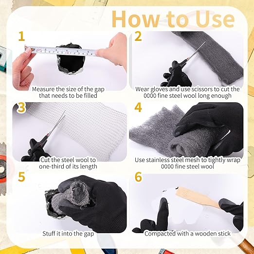 Steel Wool for Mice Control Mesh Rodent Control Kit 1 Pack Rustproof Mesh Roll and 0000 Steel Wool Mouse Hole Filler with Gloves, Scissors for House Garden Home Garage(5in X 29.5ft)